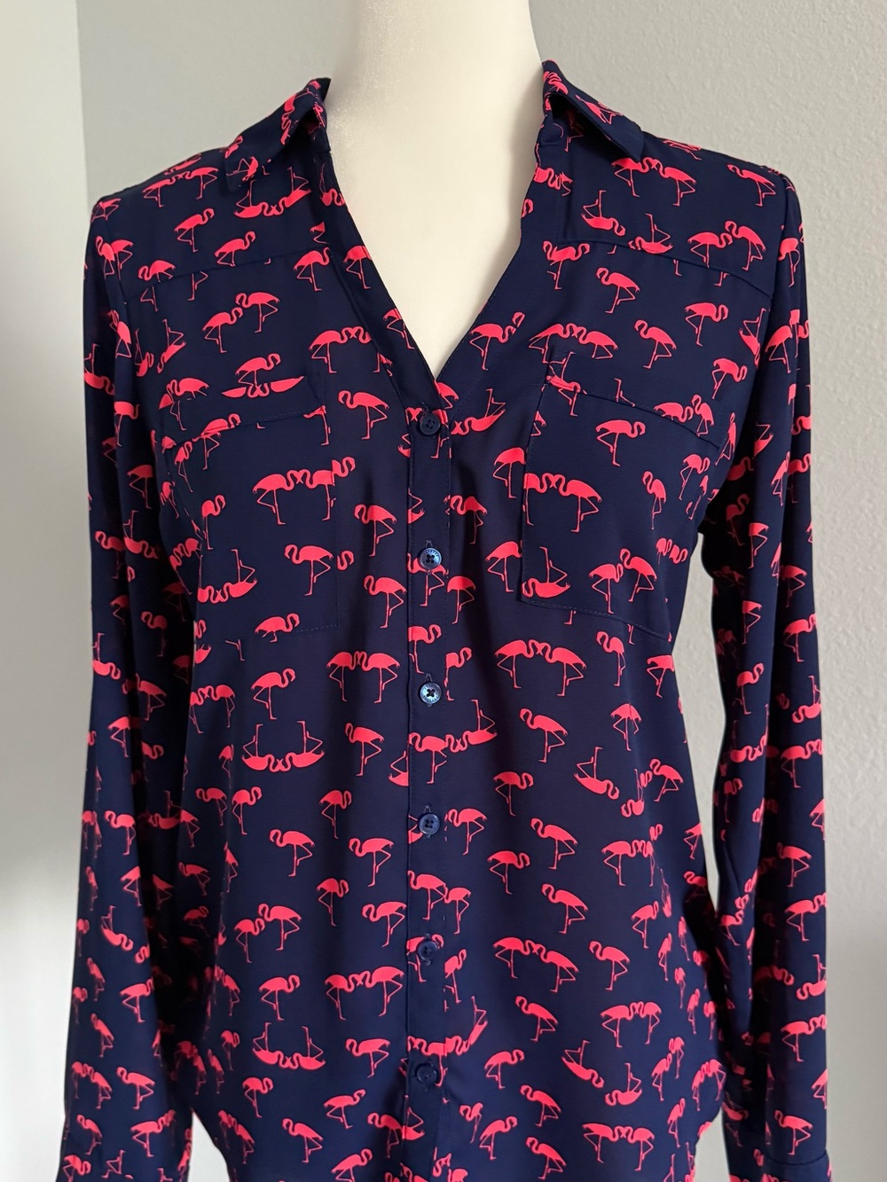 Express Portofino Navy Button-Down Shirt with Pink Flamingo Print